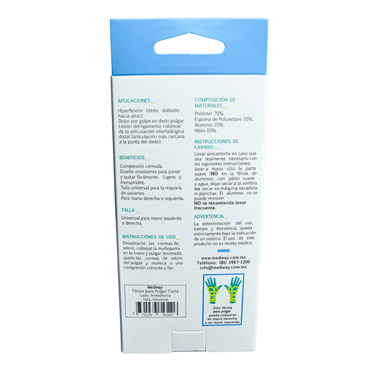 Férula corta para pulgar ambidiestra talla universal MEDWAY